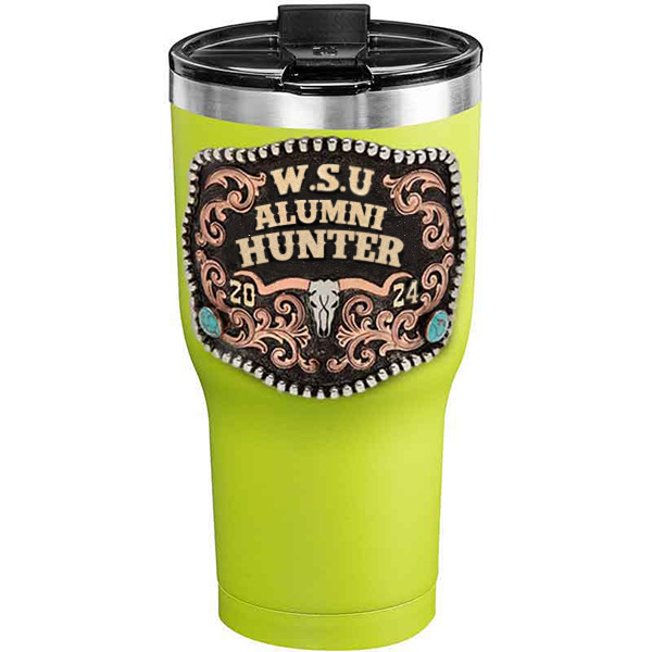 A customized tumbler made of stainless steel with a personalized engraved initials and Alumni Hunter lettering, 30 oz, ideal for coffee or cool drinks